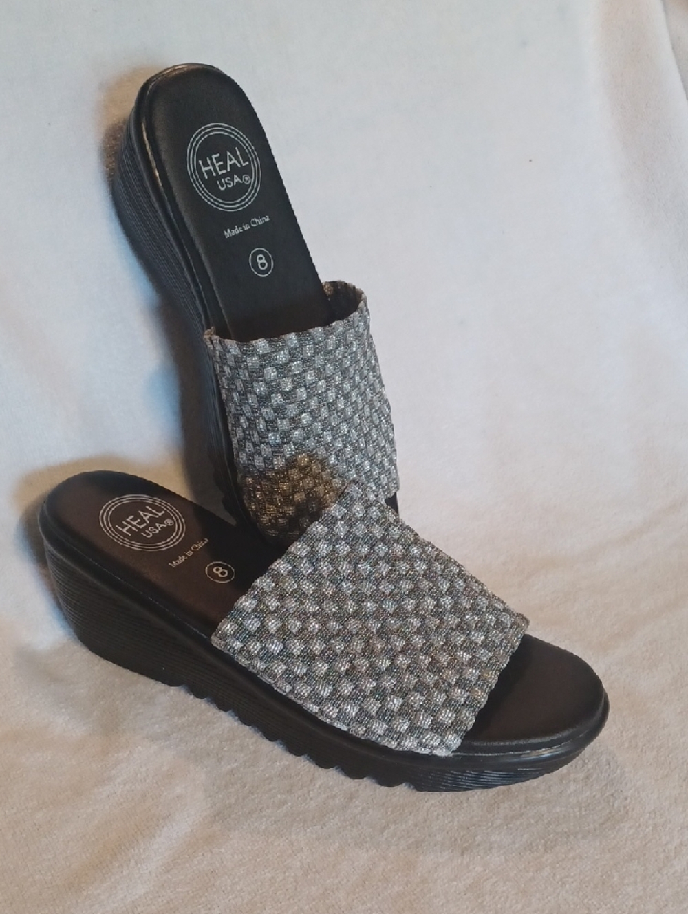 HEAL USA Silver Wedge Slide Sandals - Women's Size 8